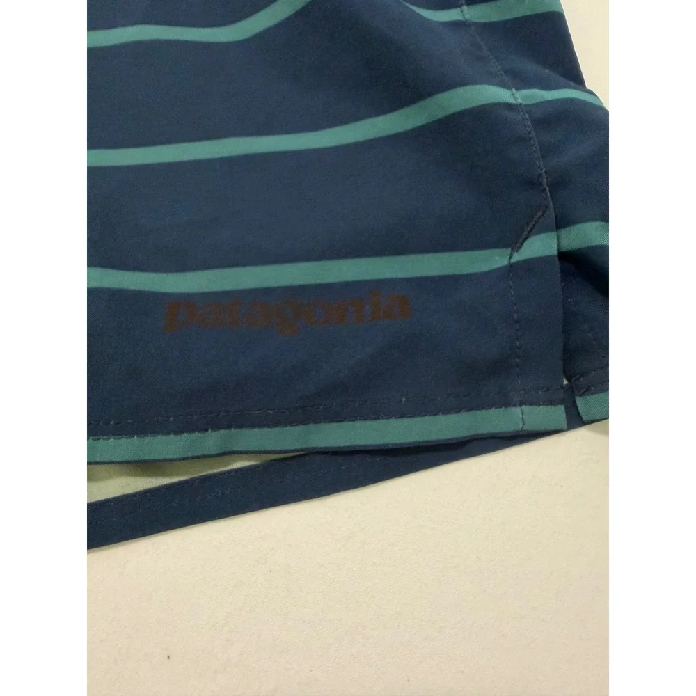 Patagonia Mens Board Shorts 32 Blue Teal Striped Swim Trunks Surfing Inseam 9in